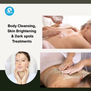 Heya Spa's body cleansing and brightening services, showing a body scrub and a before-and-after shot for pigmentation.