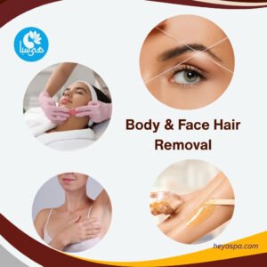 A collage showing various hair removal treatments at Heya Spa, including waxing, sugaring, and eyebrow threading