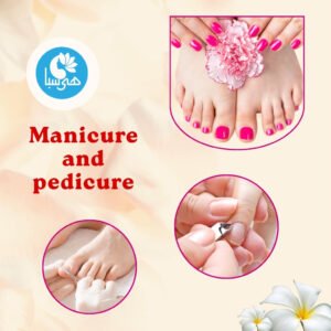 Hands and feet with bright pink nail polish, showing manicure and pedicure services at Heya Spa.