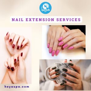 A collage of images showing various nail extension services, including gel and acrylic nails, at Heya Spa.