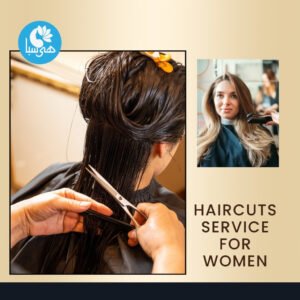 A split image of a hair cutting service in a beauty salon. On the left, a hairdresser's hands are cutting the ends of wet hair. On the right, a woman with shiny, styled hair is shown.